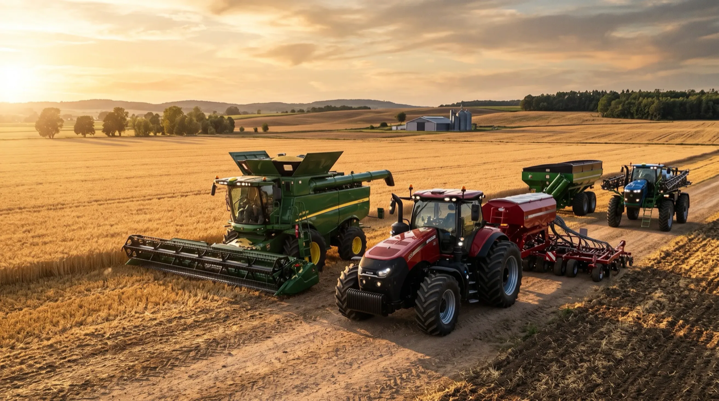 Tractors and harvesters working an agricultural field at sunset