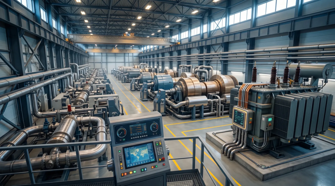 Industrial generators and power equipment in a plant hall